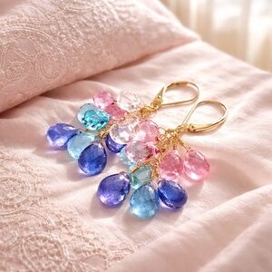 Natural Blue Pink Topaz Tanzanite Earrings Solid 14K Yellow Gold